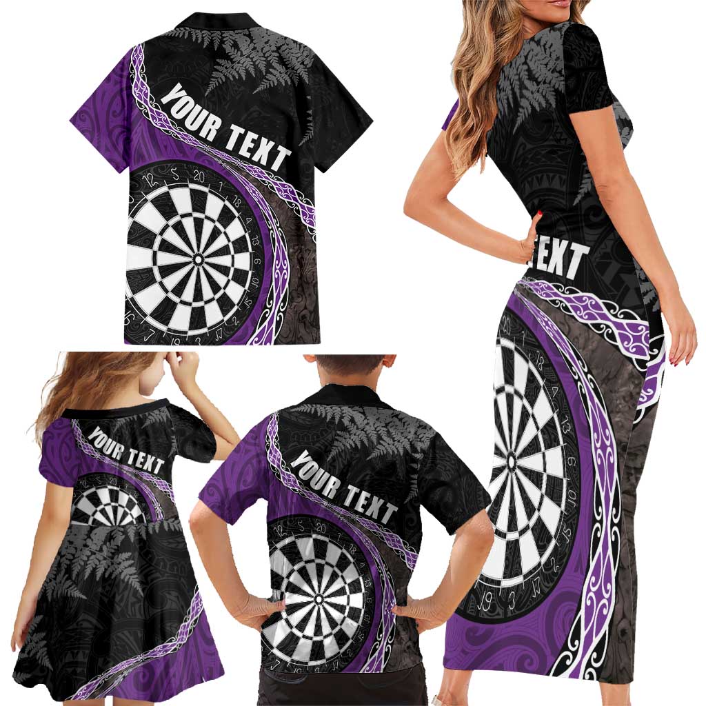 Personalised New Zealand Darts Family Matching Short Sleeve Bodycon Dress and Hawaiian Shirt Koru Tribal Tattoo and Silver Fern Maori Pattern Purple Color LT03 - Polynesian Pride