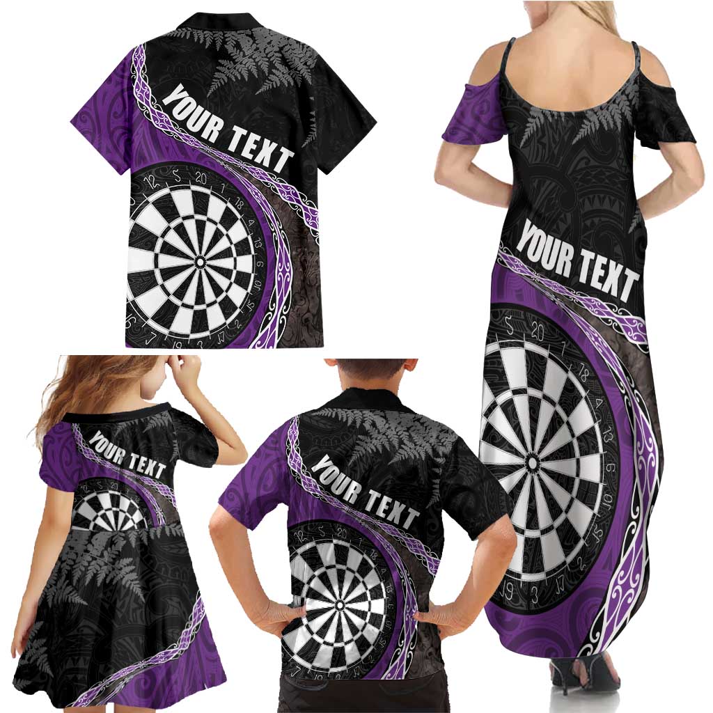 Personalised New Zealand Darts Family Matching Summer Maxi Dress and Hawaiian Shirt Koru Tribal Tattoo and Silver Fern Maori Pattern Purple Color LT03 - Polynesian Pride