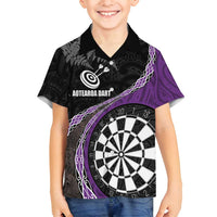 Personalised New Zealand Darts Family Matching Tank Maxi Dress and Hawaiian Shirt Koru Tribal Tattoo and Silver Fern Maori Pattern Purple Color LT03 Son's Shirt Purple - Polynesian Pride