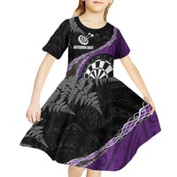 Personalised New Zealand Darts Kid Short Sleeve Dress Koru Tribal Tattoo and Silver Fern Maori Pattern Purple Color LT03 - Polynesian Pride