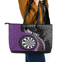 Personalised New Zealand Darts Leather Tote Bag Koru Tribal Tattoo and Silver Fern Maori Pattern Purple Color LT03 - Polynesian Pride