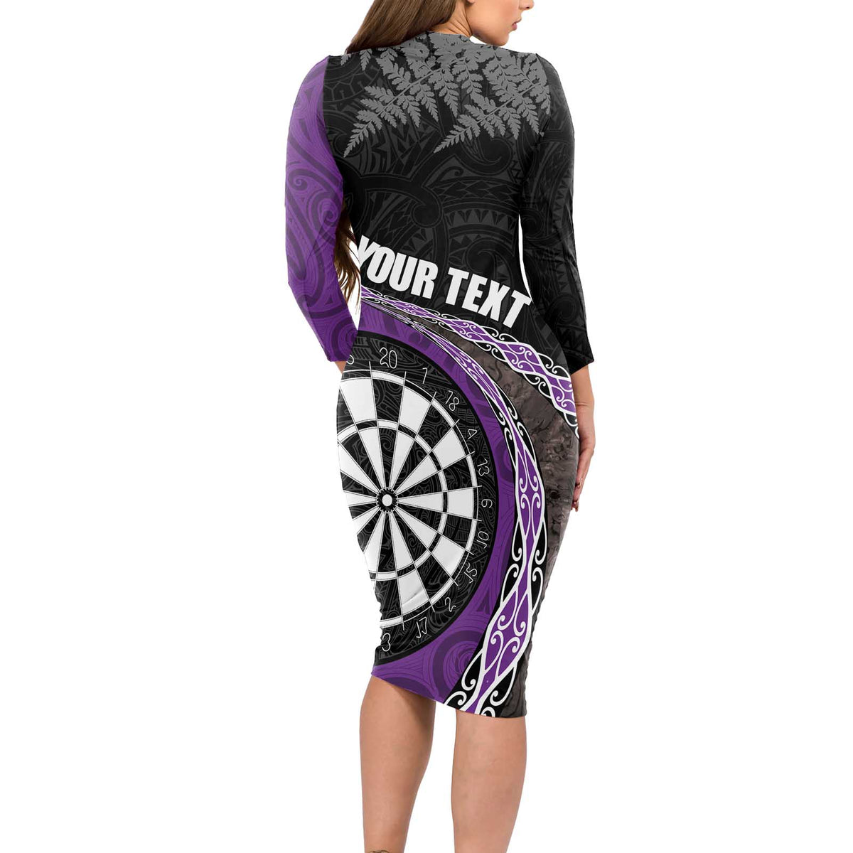 Personalised New Zealand Darts Long Sleeve Bodycon Dress Koru Tribal Tattoo and Silver Fern Maori Pattern Purple Color LT03 - Polynesian Pride