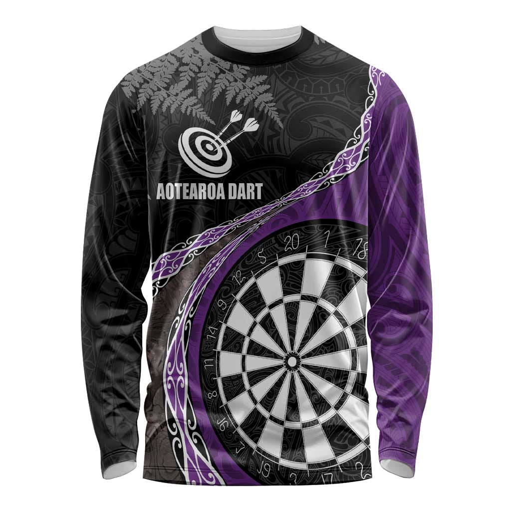 Personalised New Zealand Darts Long Sleeve Shirt Koru Tribal Tattoo and Silver Fern Maori Pattern Purple Color LT03 Unisex Purple - Polynesian Pride