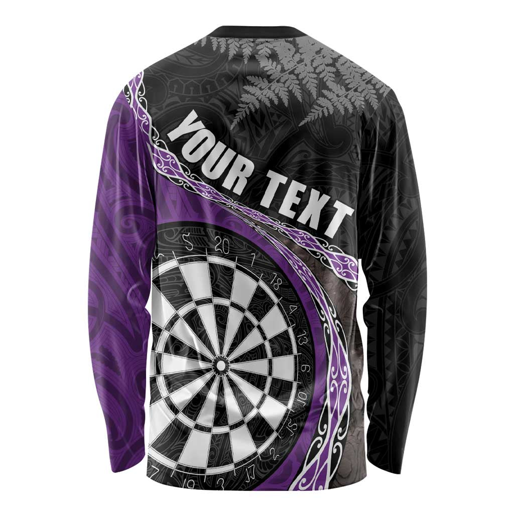 Personalised New Zealand Darts Long Sleeve Shirt Koru Tribal Tattoo and Silver Fern Maori Pattern Purple Color LT03 - Polynesian Pride