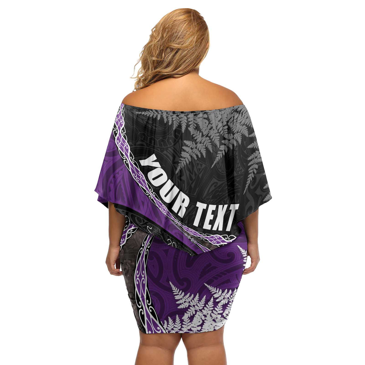 Personalised New Zealand Darts Off Shoulder Short Dress Koru Tribal Tattoo and Silver Fern Maori Pattern Purple Color LT03 - Polynesian Pride