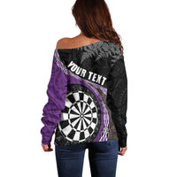 Personalised New Zealand Darts Off Shoulder Sweater Koru Tribal Tattoo and Silver Fern Maori Pattern Purple Color LT03 - Polynesian Pride
