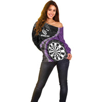 Personalised New Zealand Darts Off Shoulder Sweater Koru Tribal Tattoo and Silver Fern Maori Pattern Purple Color LT03 - Polynesian Pride