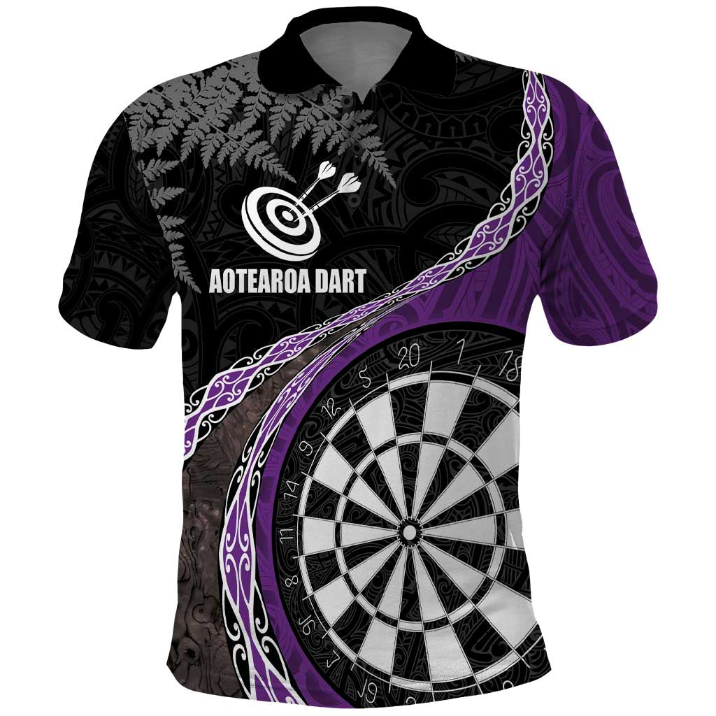 Personalised New Zealand Darts Polo Shirt Koru Tribal Tattoo and Silver Fern Maori Pattern Purple Color LT03 Purple - Polynesian Pride