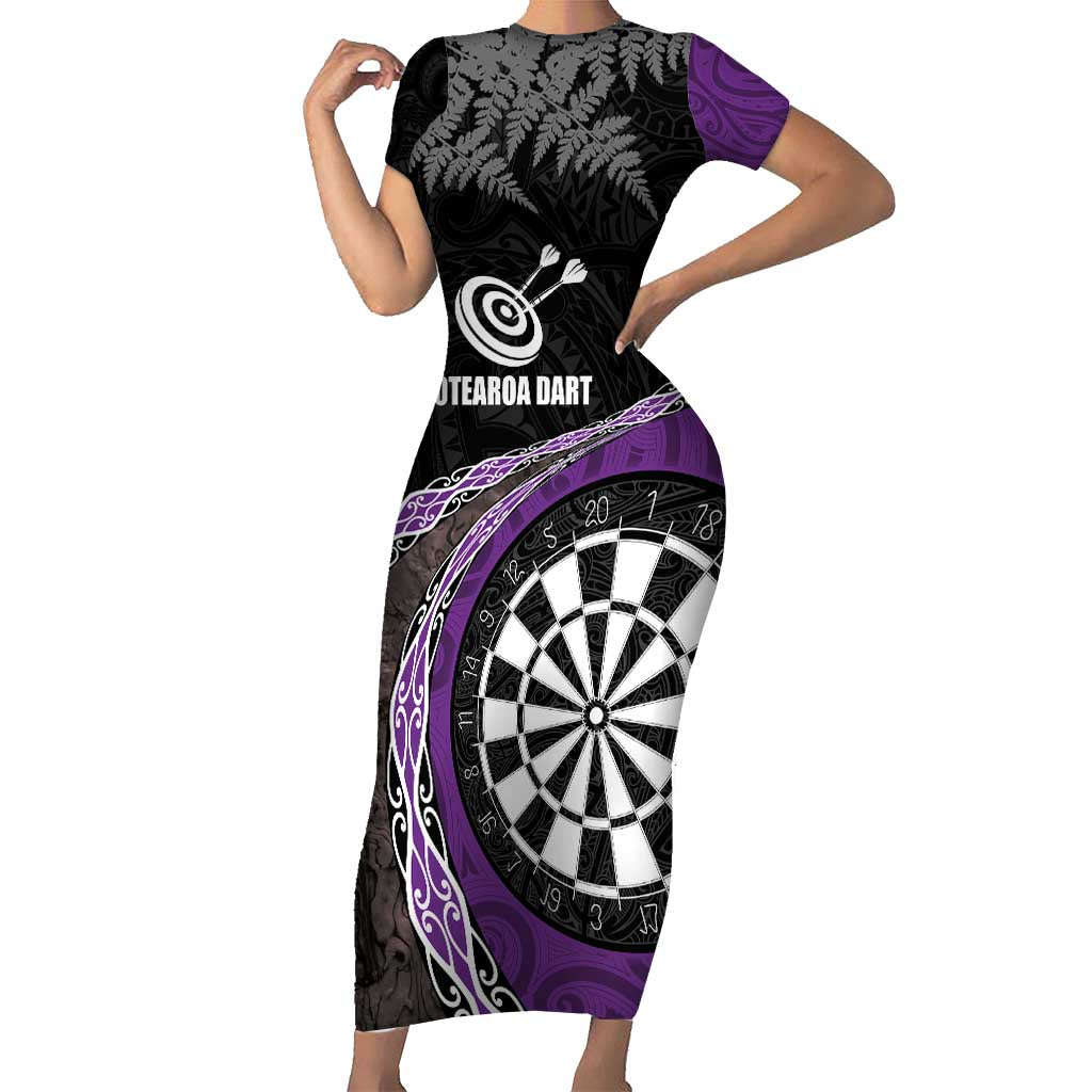 Personalised New Zealand Darts Short Sleeve Bodycon Dress Koru Tribal Tattoo and Silver Fern Maori Pattern Purple Color LT03 Long Dress Purple - Polynesian Pride