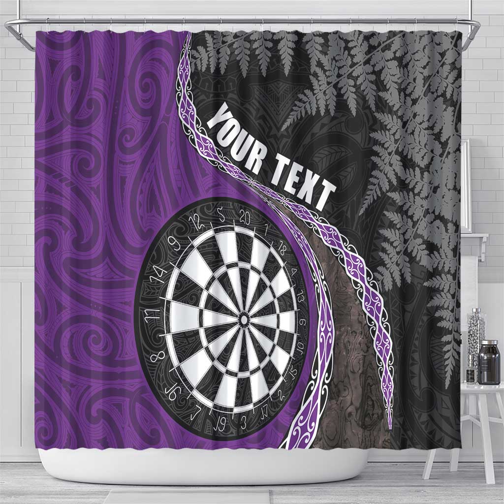 Personalised New Zealand Darts Shower Curtain Koru Tribal Tattoo and Silver Fern Maori Pattern Purple Color LT03 - Polynesian Pride