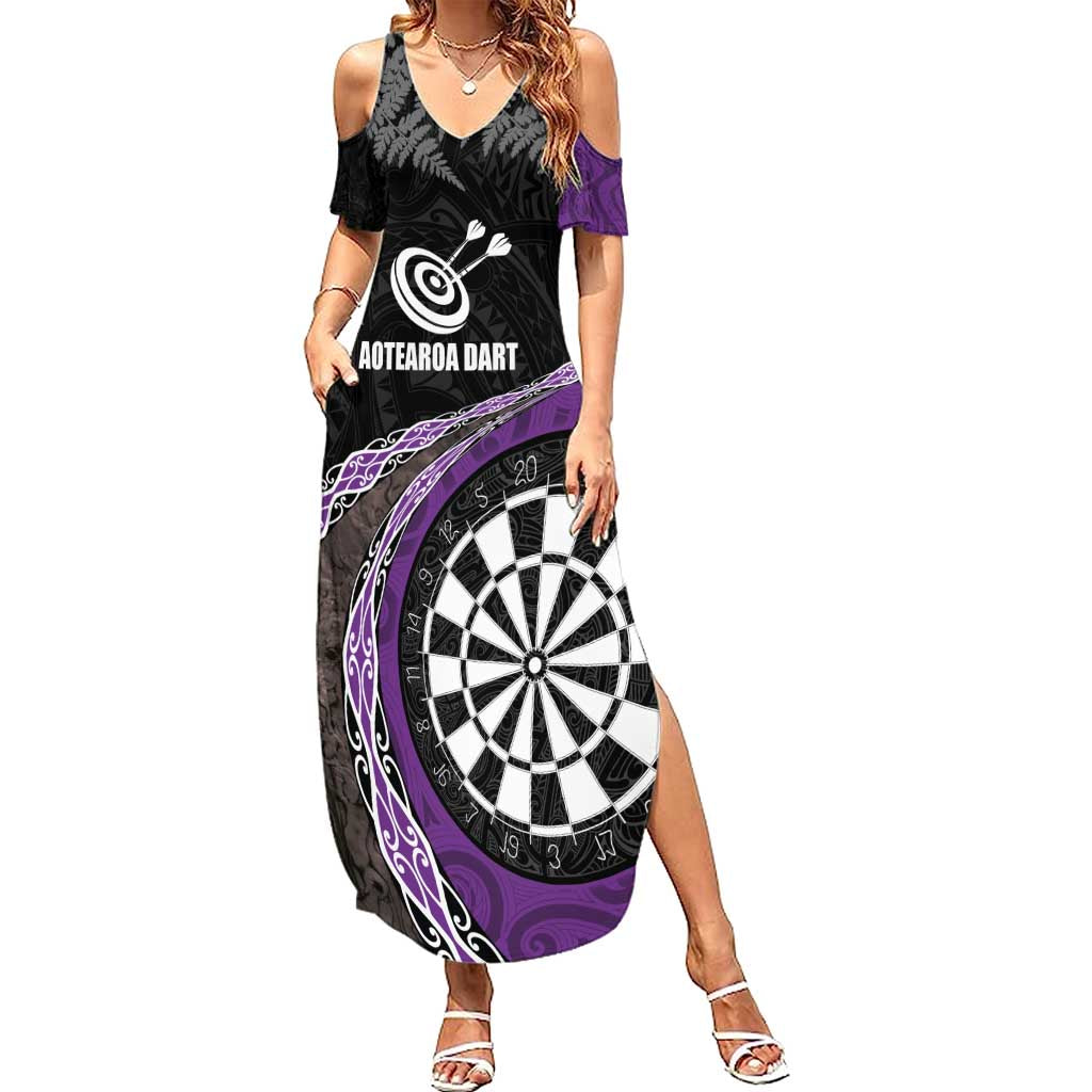 Personalised New Zealand Darts Summer Maxi Dress Koru Tribal Tattoo and Silver Fern Maori Pattern Purple Color LT03 Women Purple - Polynesian Pride