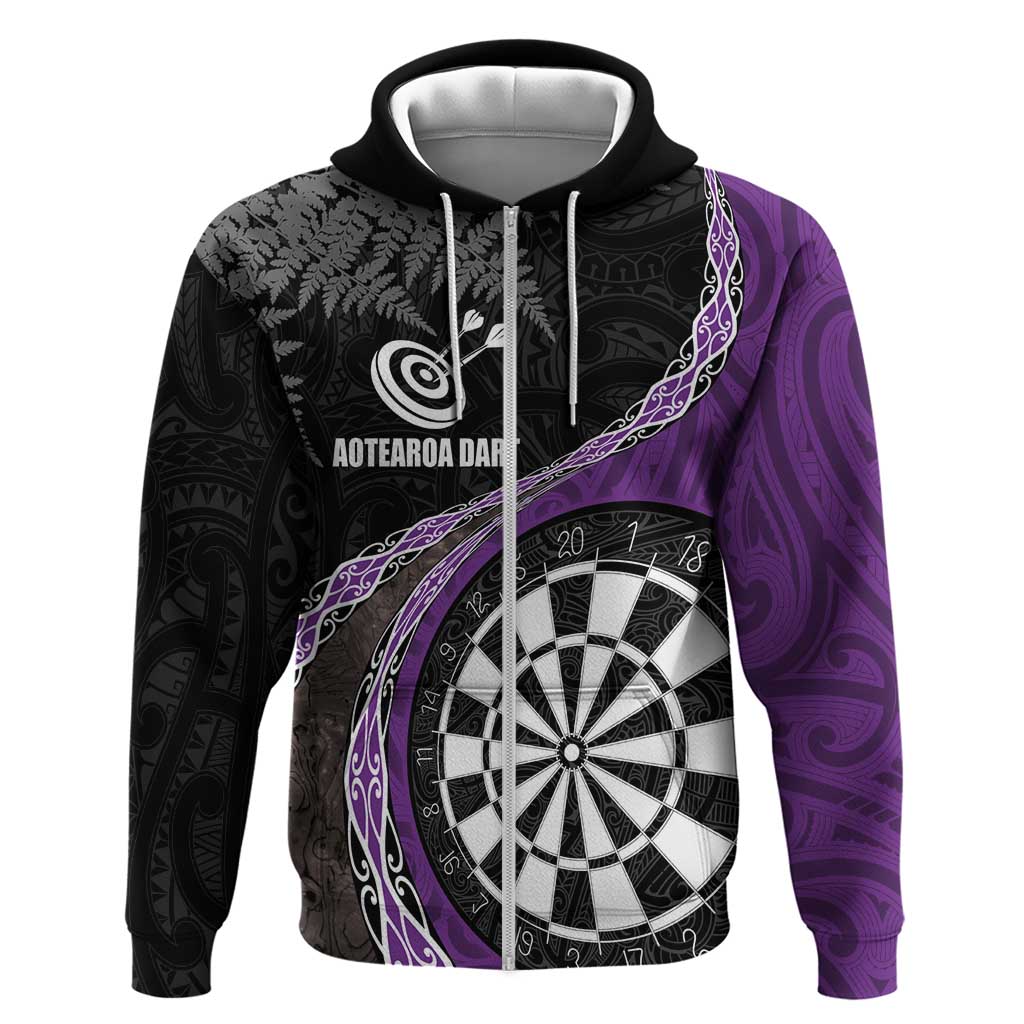 Personalised New Zealand Darts Zip Hoodie Koru Tribal Tattoo and Silver Fern Maori Pattern Purple Color LT03 Zip Hoodie Purple - Polynesian Pride