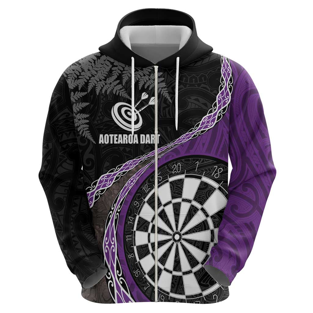 Personalised New Zealand Darts Zip Hoodie Koru Tribal Tattoo and Silver Fern Maori Pattern Purple Color LT03 - Polynesian Pride