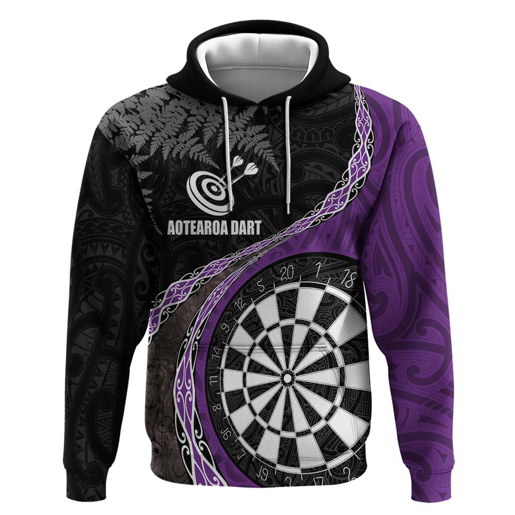 Personalised New Zealand Darts Zip Hoodie Koru Tribal Tattoo and Silver Fern Maori Pattern Purple Color LT03 Pullover Hoodie Purple - Polynesian Pride