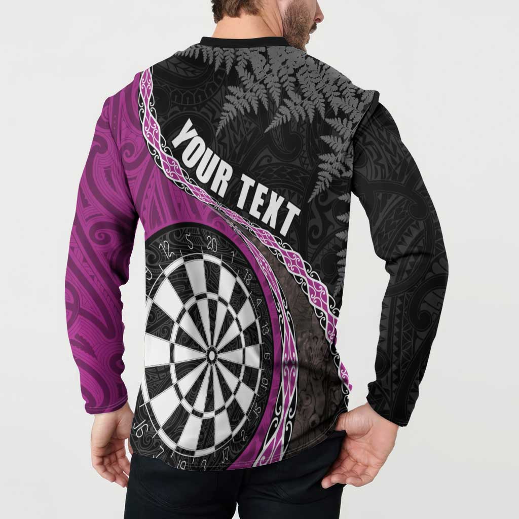 Personalised New Zealand Darts Button Sweatshirt Koru Tribal Tattoo and Silver Fern Maori Pattern Pink Color