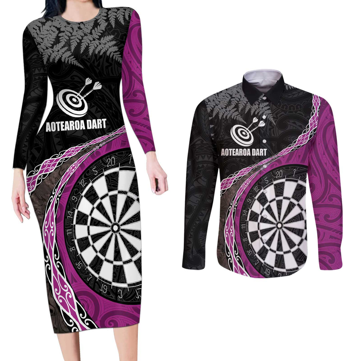 Personalised New Zealand Darts Couples Matching Long Sleeve Bodycon Dress and Long Sleeve Button Shirt Koru Tribal Tattoo and Silver Fern Maori Pattern Pink Color LT03 Pink - Polynesian Pride