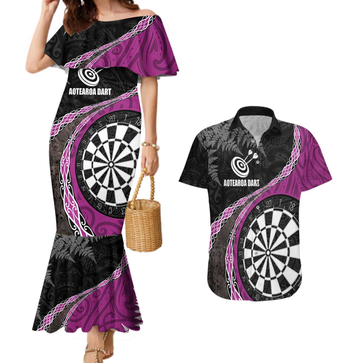 Personalised New Zealand Darts Couples Matching Mermaid Dress and Hawaiian Shirt Koru Tribal Tattoo and Silver Fern Maori Pattern Pink Color LT03 Pink - Polynesian Pride