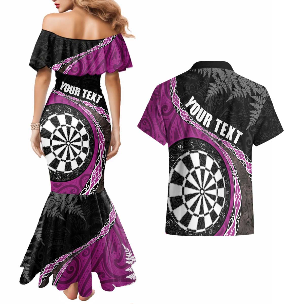 Personalised New Zealand Darts Couples Matching Mermaid Dress and Hawaiian Shirt Koru Tribal Tattoo and Silver Fern Maori Pattern Pink Color LT03 - Polynesian Pride