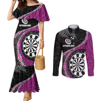 Personalised New Zealand Darts Couples Matching Mermaid Dress and Long Sleeve Button Shirt Koru Tribal Tattoo and Silver Fern Maori Pattern Pink Color LT03 Pink - Polynesian Pride