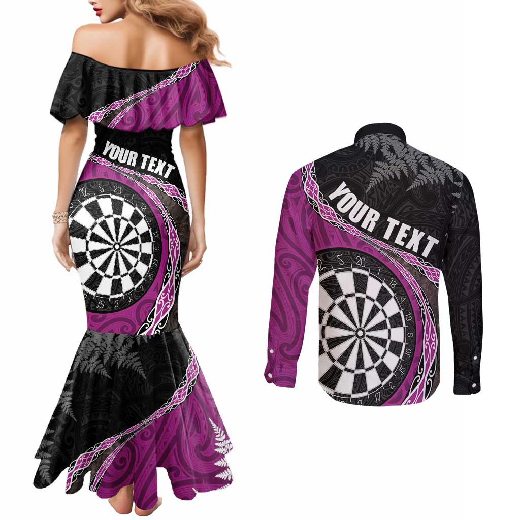 Personalised New Zealand Darts Couples Matching Mermaid Dress and Long Sleeve Button Shirt Koru Tribal Tattoo and Silver Fern Maori Pattern Pink Color LT03 - Polynesian Pride