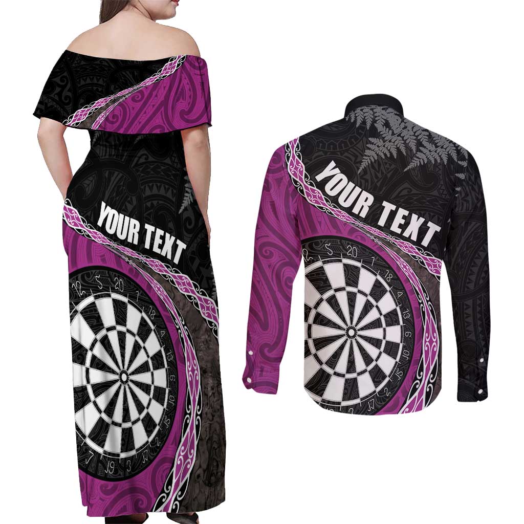 Personalised New Zealand Darts Couples Matching Off Shoulder Maxi Dress and Long Sleeve Button Shirt Koru Tribal Tattoo and Silver Fern Maori Pattern Pink Color LT03 - Polynesian Pride