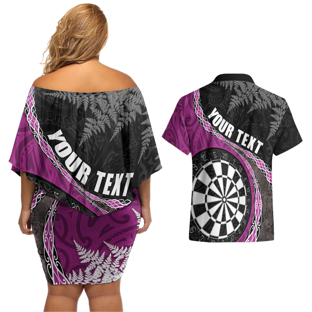 Personalised New Zealand Darts Couples Matching Off Shoulder Short Dress and Hawaiian Shirt Koru Tribal Tattoo and Silver Fern Maori Pattern Pink Color LT03 - Polynesian Pride