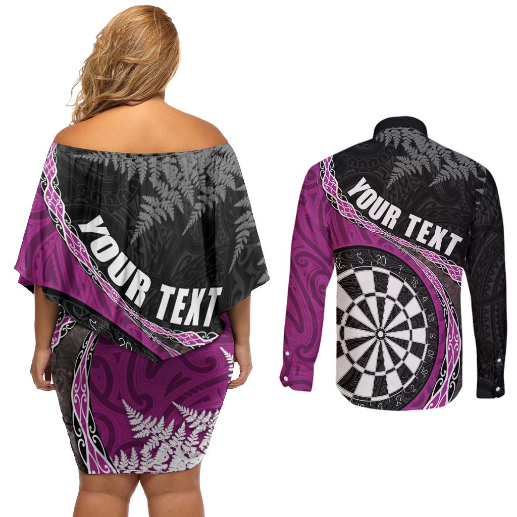 Personalised New Zealand Darts Couples Matching Off Shoulder Short Dress and Long Sleeve Button Shirt Koru Tribal Tattoo and Silver Fern Maori Pattern Pink Color LT03 - Polynesian Pride