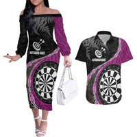Personalised New Zealand Darts Couples Matching Off The Shoulder Long Sleeve Dress and Hawaiian Shirt Koru Tribal Tattoo and Silver Fern Maori Pattern Pink Color LT03 Pink - Polynesian Pride