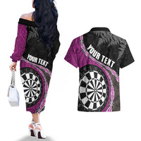 Personalised New Zealand Darts Couples Matching Off The Shoulder Long Sleeve Dress and Hawaiian Shirt Koru Tribal Tattoo and Silver Fern Maori Pattern Pink Color LT03 - Polynesian Pride