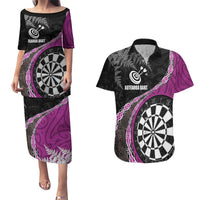 Personalised New Zealand Darts Couples Matching Puletasi and Hawaiian Shirt Koru Tribal Tattoo and Silver Fern Maori Pattern Pink Color LT03 Pink - Polynesian Pride