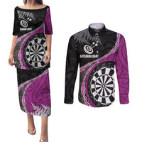 Personalised New Zealand Darts Couples Matching Puletasi and Long Sleeve Button Shirt Koru Tribal Tattoo and Silver Fern Maori Pattern Pink Color LT03 Pink - Polynesian Pride