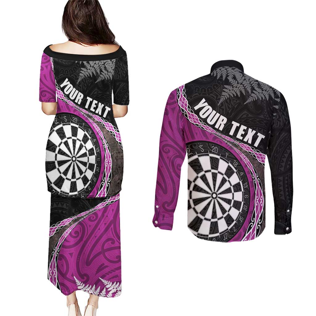 Personalised New Zealand Darts Couples Matching Puletasi and Long Sleeve Button Shirt Koru Tribal Tattoo and Silver Fern Maori Pattern Pink Color LT03 - Polynesian Pride