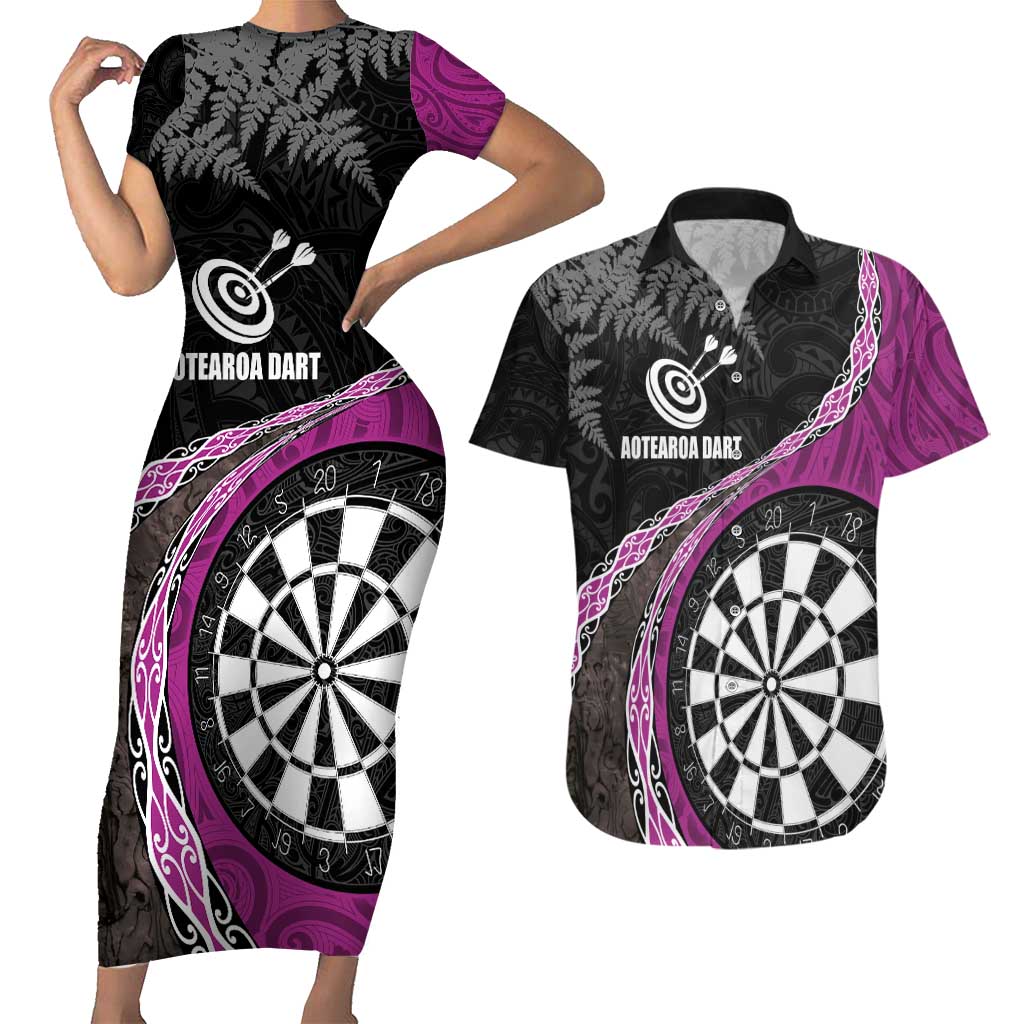 Personalised New Zealand Darts Couples Matching Short Sleeve Bodycon Dress and Hawaiian Shirt Koru Tribal Tattoo and Silver Fern Maori Pattern Pink Color LT03 Pink - Polynesian Pride