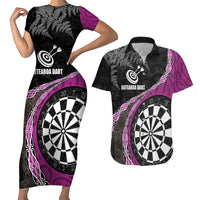Personalised New Zealand Darts Couples Matching Short Sleeve Bodycon Dress and Hawaiian Shirt Koru Tribal Tattoo and Silver Fern Maori Pattern Pink Color LT03 Pink - Polynesian Pride