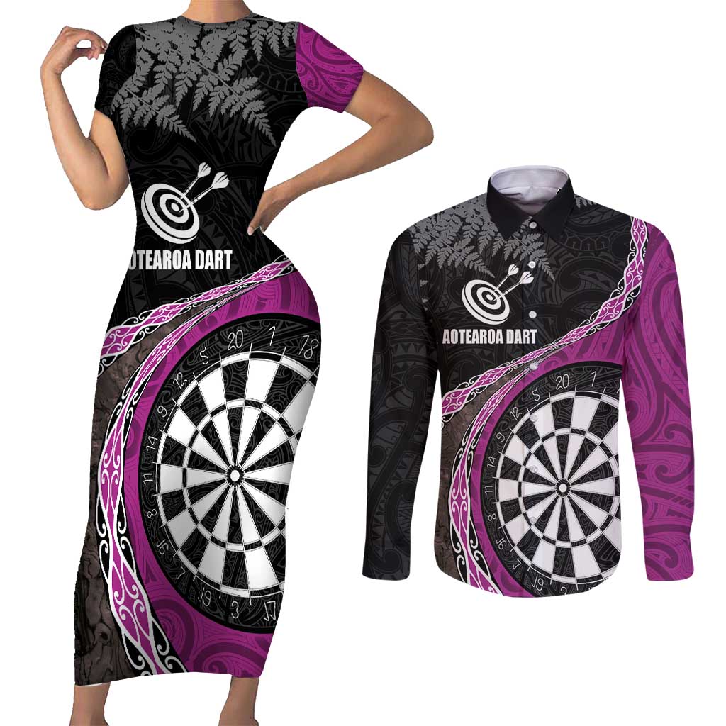 Personalised New Zealand Darts Couples Matching Short Sleeve Bodycon Dress and Long Sleeve Button Shirt Koru Tribal Tattoo and Silver Fern Maori Pattern Pink Color LT03 Pink - Polynesian Pride