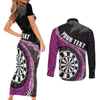 Personalised New Zealand Darts Couples Matching Short Sleeve Bodycon Dress and Long Sleeve Button Shirt Koru Tribal Tattoo and Silver Fern Maori Pattern Pink Color LT03 - Polynesian Pride