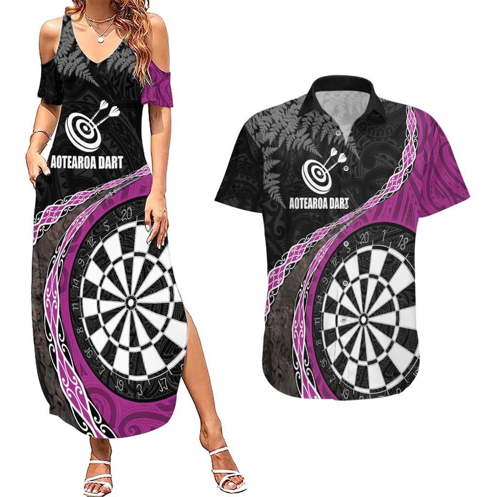 Personalised New Zealand Darts Couples Matching Summer Maxi Dress and Hawaiian Shirt Koru Tribal Tattoo and Silver Fern Maori Pattern Pink Color LT03 Pink - Polynesian Pride