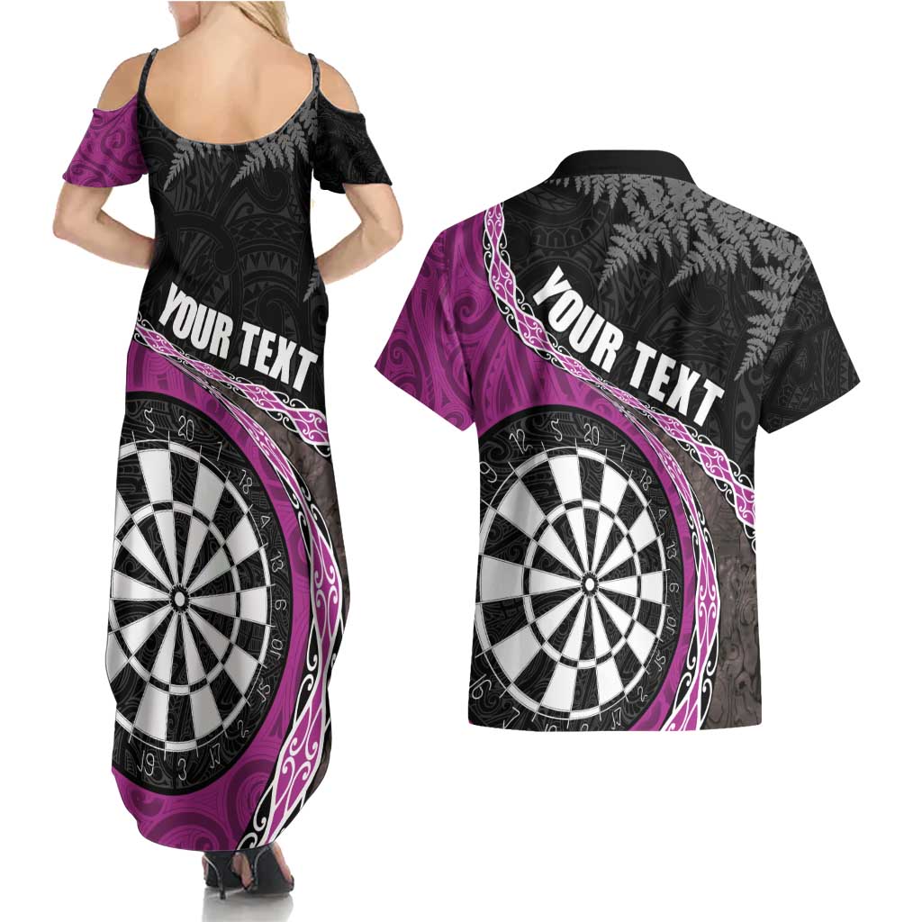 Personalised New Zealand Darts Couples Matching Summer Maxi Dress and Hawaiian Shirt Koru Tribal Tattoo and Silver Fern Maori Pattern Pink Color LT03 - Polynesian Pride
