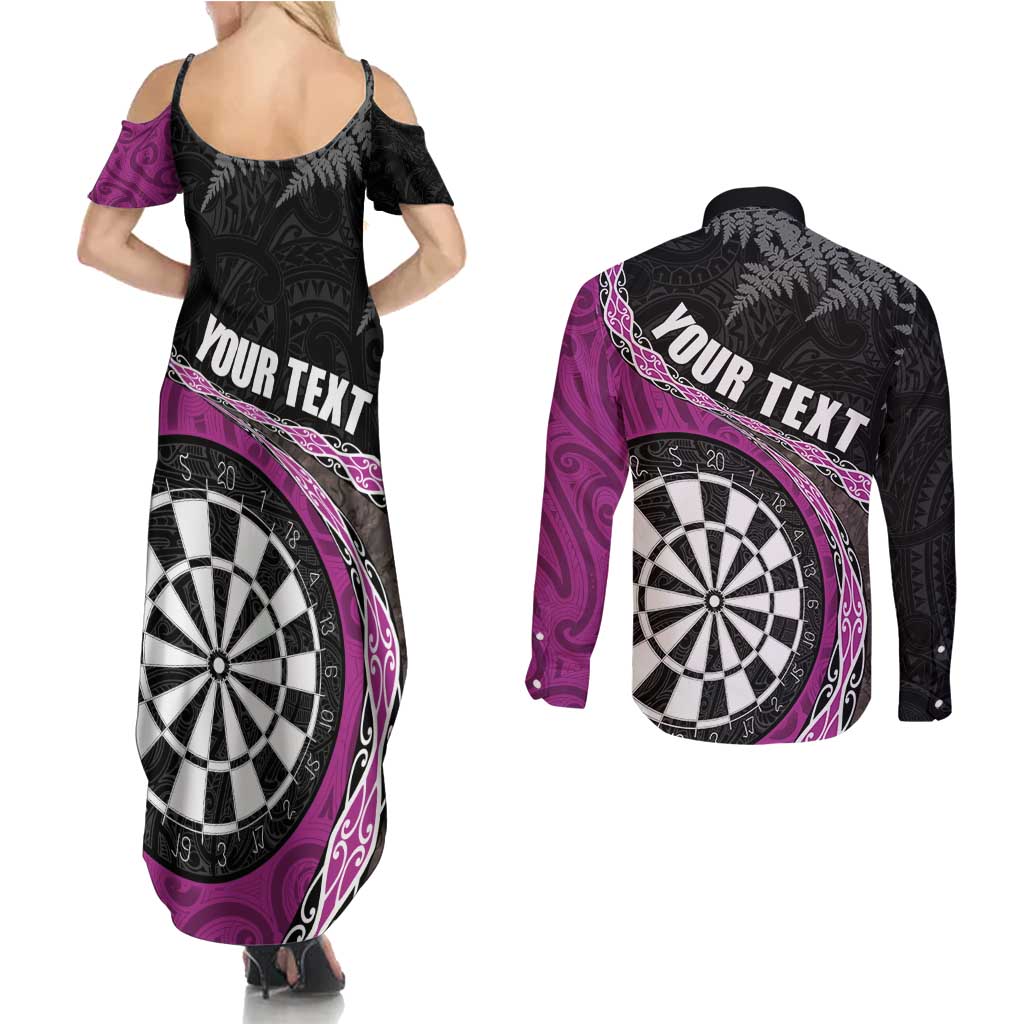 Personalised New Zealand Darts Couples Matching Summer Maxi Dress and Long Sleeve Button Shirt Koru Tribal Tattoo and Silver Fern Maori Pattern Pink Color LT03 - Polynesian Pride
