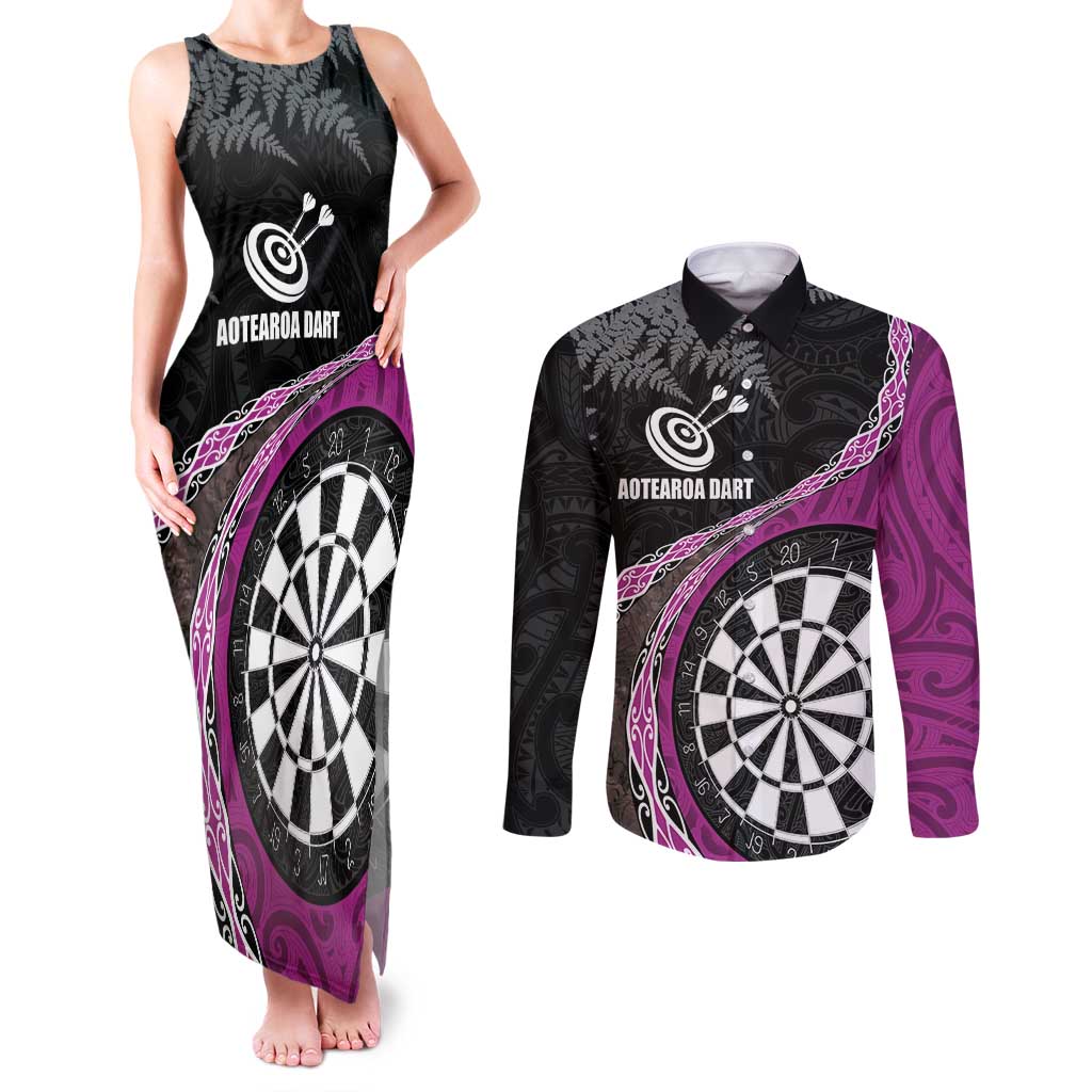 Personalised New Zealand Darts Couples Matching Tank Maxi Dress and Long Sleeve Button Shirt Koru Tribal Tattoo and Silver Fern Maori Pattern Pink Color LT03 Pink - Polynesian Pride