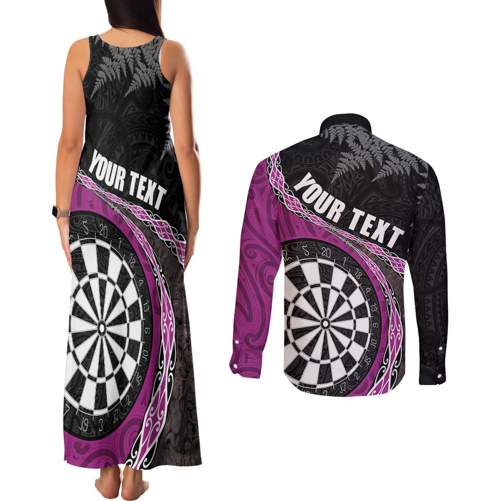 Personalised New Zealand Darts Couples Matching Tank Maxi Dress and Long Sleeve Button Shirt Koru Tribal Tattoo and Silver Fern Maori Pattern Pink Color LT03 - Polynesian Pride