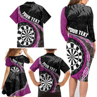 Personalised New Zealand Darts Family Matching Long Sleeve Bodycon Dress and Hawaiian Shirt Koru Tribal Tattoo and Silver Fern Maori Pattern Pink Color LT03 - Polynesian Pride