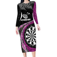 Personalised New Zealand Darts Family Matching Long Sleeve Bodycon Dress and Hawaiian Shirt Koru Tribal Tattoo and Silver Fern Maori Pattern Pink Color LT03 Mom's Dress Pink - Polynesian Pride