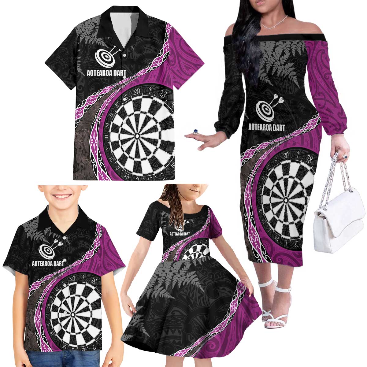 Personalised New Zealand Darts Family Matching Off The Shoulder Long Sleeve Dress and Hawaiian Shirt Koru Tribal Tattoo and Silver Fern Maori Pattern Pink Color LT03 - Polynesian Pride