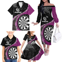 Personalised New Zealand Darts Family Matching Off The Shoulder Long Sleeve Dress and Hawaiian Shirt Koru Tribal Tattoo and Silver Fern Maori Pattern Pink Color LT03 - Polynesian Pride