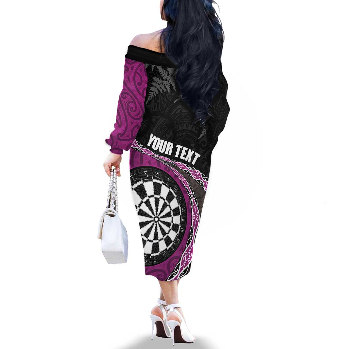 Personalised New Zealand Darts Family Matching Off The Shoulder Long Sleeve Dress and Hawaiian Shirt Koru Tribal Tattoo and Silver Fern Maori Pattern Pink Color LT03 - Polynesian Pride