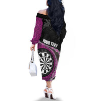 Personalised New Zealand Darts Family Matching Off The Shoulder Long Sleeve Dress and Hawaiian Shirt Koru Tribal Tattoo and Silver Fern Maori Pattern Pink Color LT03 - Polynesian Pride