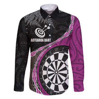 Personalised New Zealand Darts Family Matching Off Shoulder Maxi Dress and Hawaiian Shirt Koru Tribal Tattoo and Silver Fern Maori Pattern Pink Color LT03 Dad's Shirt - Long Sleeve Pink - Polynesian Pride