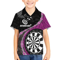 Personalised New Zealand Darts Family Matching Off Shoulder Maxi Dress and Hawaiian Shirt Koru Tribal Tattoo and Silver Fern Maori Pattern Pink Color LT03 Son's Shirt Pink - Polynesian Pride