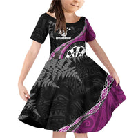 Personalised New Zealand Darts Family Matching Off Shoulder Short Dress and Hawaiian Shirt Koru Tribal Tattoo and Silver Fern Maori Pattern Pink Color LT03 Daughter's Dress Pink - Polynesian Pride
